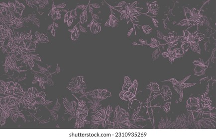 Floral dark background. Luxury engraving with blooming flowering plants, birds and butterflies. Chinoiserie with spring flowers. Exotic design for web and textiles. Cartoon flat vector illustration