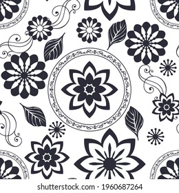 Floral dark blue pattern on a white background.