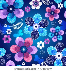 Patrón de resorte transparente azul oscuro floral con flores y mariposas vintage, EPS vectorial 10