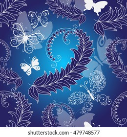 Floral dark blue seamless spring pattern with branch with berries and butterflies, vector EPS 10
