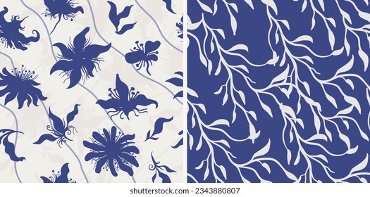 Floral dark blue seamless vector pattern. Trendy cute with heart branches and petals modern design for paper, fabric, decor, interior, cover and tableware