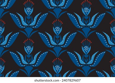 Color oscuro floral con elementos rojos patrón sin fisuras. Adecuado para vestir, textiles, ropa, tela.