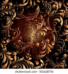 Floral dark luxury vector seamless pattern background wallpaper illustration with vintage  decorative 3d gold paisley flowers leaves and ornaments.