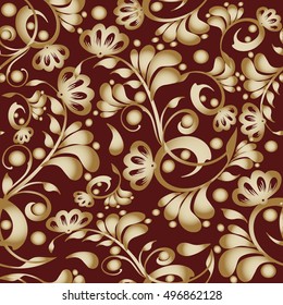 Floral dark red  baroque damask vector seamless pattern background wallpaper illustration with gold vintage decorative 3d paisley flowers, leaves and ornaments.