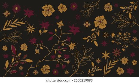 floral dark red yellow flower leaves pattern aesthetic wallpaper black wide background suitable for textile print
