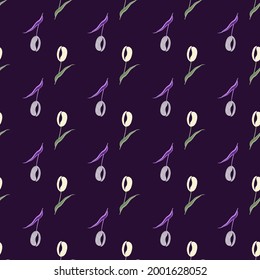 Floral dark seamless pattern with decorative tulip flowers silhouettes. Purple background. Simple style. Graphic design for wrapping paper and fabric textures. Vector Illustration.