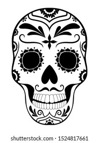 Floral Day of the Dead Sugar Skull in Mexico. Dia de los Muertos Mexican national holiday, fiesta. Male head. Hand drawn sketch. Vector illustration Isolated on white background. Coloring page.