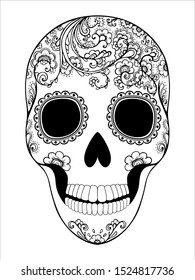 Floral Day of the Dead Sugar Skull in Mexico. Dia de los Muertos Mexican national holiday, fiesta. Female head. Pattern.  Hand drawn sketch. Vector illustration Isolated on white background. Coloring.