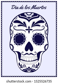 Floral Day of the Dead Sugar Skull in Mexico. Dia de los Muertos Mexican national holiday, fiesta. Male head. Hand drawn sketch in blue tones. Vector illustration Isolated on white background.