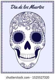 Floral Day of the Dead Sugar Skull in Mexico. Dia de los Muertos Mexican national holiday, fiesta. Female head. Hand drawn sketch in blue tones. Vector illustration Isolated on white background.