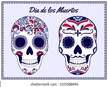 Floral Day of the Dead Sugar Skull in Mexico. Dia de los Muertos Mexican national holiday. Male, female head. Hand drawn sketch in blue, red tones. Vector illustration Isolated on white background.