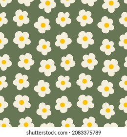 Ditsy floral daze daisy patrón de repetición sin fisuras. Retro, milhojas de botánica vectorial por toda la superficie impresa sobre fondo verde salado.