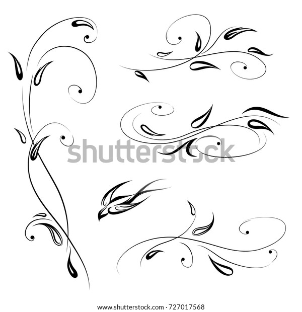 Floral decor with bird.\
Swirl line stylish flower set decorative design elements over white\
background 