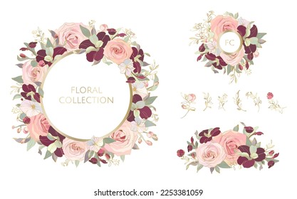 Floral decor collection. Wreath frame, monogram frame and flower border.