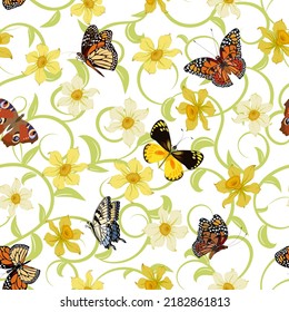 Floral decor with colorful butterflies.Vector seamless pattern with butterflies and floral decorations on a transparent background.