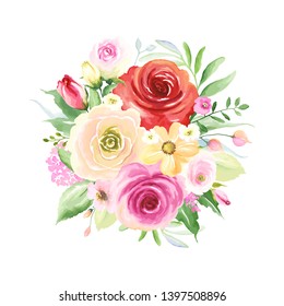 Floral decor with colorful roses, buds and green leaves, round bouquet for your design. Vector illustration in vintage watercolor style.