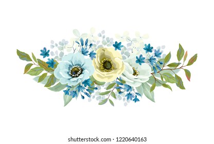 Floral decor with flowers Anemones, Hydrangea, blue Agapanthus, leaves and branches, vector nature illustration in vintage style on white background. Greeting card, wedding poster, invite template.