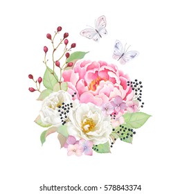 Floral decor with flowers pink Peony, white Rose, colorful inflorescence Hydrangea, green leaves and berry branches. Vector illustration with flying butterflies.