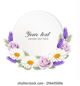 Floral decor with a round greeting card. Vector.