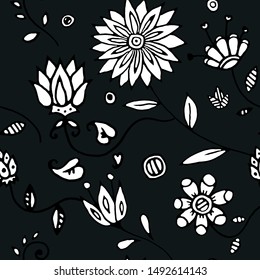 Floral decor seamless pattern. Hand-drawn flowers coloring book. Use for covers, fabrics, wallpapers, wrapping paper, cards, stationery, invitations, cards, bedding. Vector.