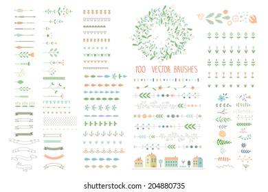 Floral decor set. 100 different vector brushes and decor elements. Isolated.