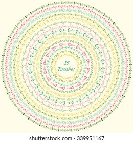 Floral decor set. 15 vector pattern brushes . Hand drawn decorative vector brushes with inner and outer corner tiles.  Doodle patterns. Borders set. Design elements.