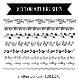 Floral decor set. 8 different vector brushes. Isolated. Hand-drown  decor elements.