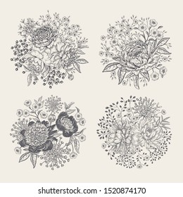 Floral decor set. Bouquets of garden peonies and other flowers. Black and white vector illustration. Hand realistic drawing. Vintage. For creating greeting cards, wedding decoration, invitations.