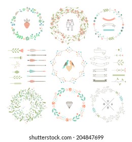 Floral decor set. Different vector brushes and decor elements. Isolated.