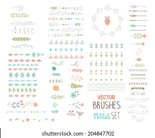 Floral decor set. Different vector brushes and decor elements. Isolated.