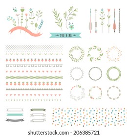 Floral decor set. Different vector brushes and decor elements. Isolated.