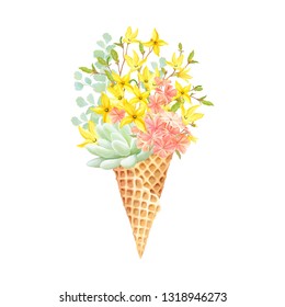 Floral decor with Succulent, flowers Forsythia and Phlox in waffle cone. Vector illustration in vintage watercolor style.