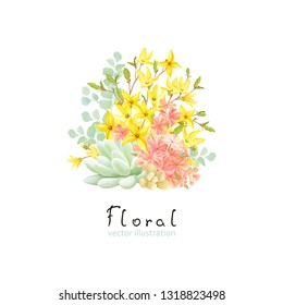 Floral decor with Succulent, flowers Phlox and Forsythia. Vector illustration in vintage watercolor style.