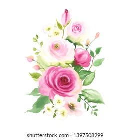 Floral decor with tender pink roses and buds, template for your design. Vector illustration in vintage watercolor style.