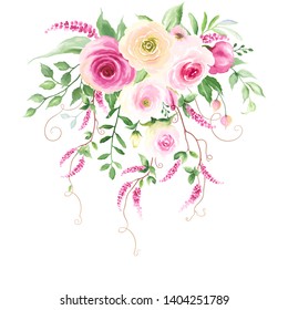 Floral decor with tender pink roses, green leaves and plant dolichos. Vector illustration in vintage watercolor style. Template for your design.