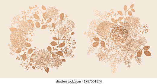 Floral decor for weddings, interior decoration, cards and other. Wreath and bouquet of summer flowers. Vector illustration. Vintage. Peonies, roses, tree leave. Nature motive Isolated. Gold foil print