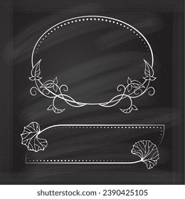 Floral decoratare frame on a chalkboard background. Monogram, wedding invitation or greeting card template. 