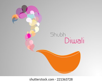 Floral decoratded illuminated oil lit lamp with stylish text of Shubh Diwali on shiny light grey background.
