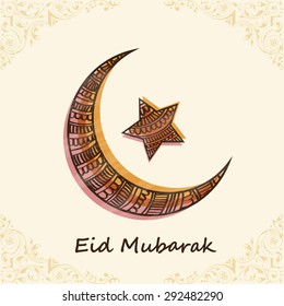 Floral decorated beautiful crescent moon and star for muslim community festival, Eid Mubarak celebration. 