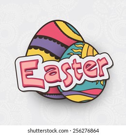 Floral decorated colorful eggs on grey background for Happy Easter celebrations.