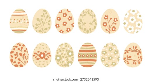 Floral decorated Easter eggs isolated on white background. Collection eggs with various nature ornaments . Flat vector illustration for religious holiday celebration.