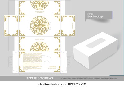 Floral decorated golden element on tissue box, template for business purpose. Place your text and logos and ready to go for print