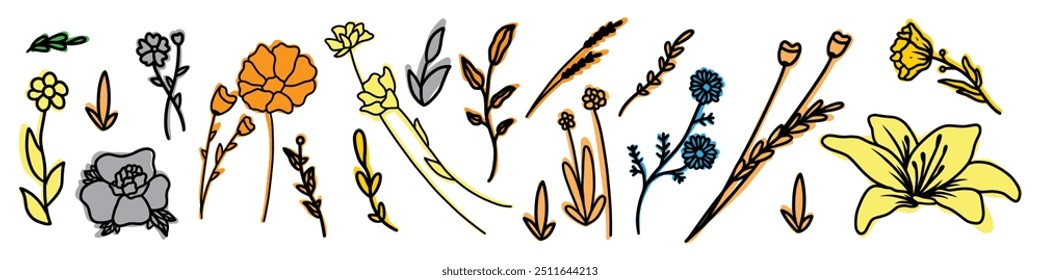 floral decorated with gorgeous multicolored blooming flowers and leaves border. Spring botanical flat vector illustration 