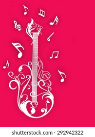 Floral decorated guitar with musical notes on pink background.