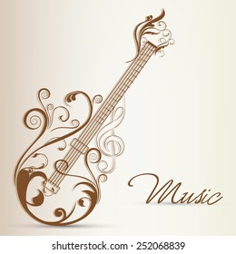 Floral decorated guitar with stylish text of Music on stylish background.