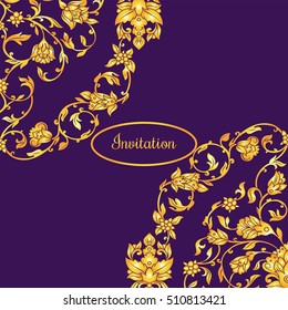 Floral decorated invitation card with antique, luxury violet and gold vintage ornament, victorian banner, damask baroque style booklet, fashion pattern, template for design.