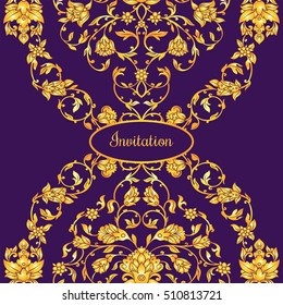 Floral decorated invitation card with antique, luxury violet and gold vintage ornament, victorian banner, damask baroque style booklet, fashion pattern, template for design.