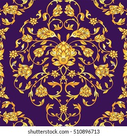 Floral decorated invitation card with antique, luxury violet and gold vintage ornament, victorian banner, damask baroque style booklet, fashion pattern, template for design.