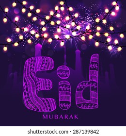 Floral decorated purple text Eid Mubarak on mosque silhouette or glowing lights background for muslim community festival celebration.
