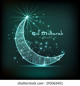 Floral decorated shiny crescent moon for muslim community festival, Eid Mubarak celebration, can be used as greeting card or invitation card.